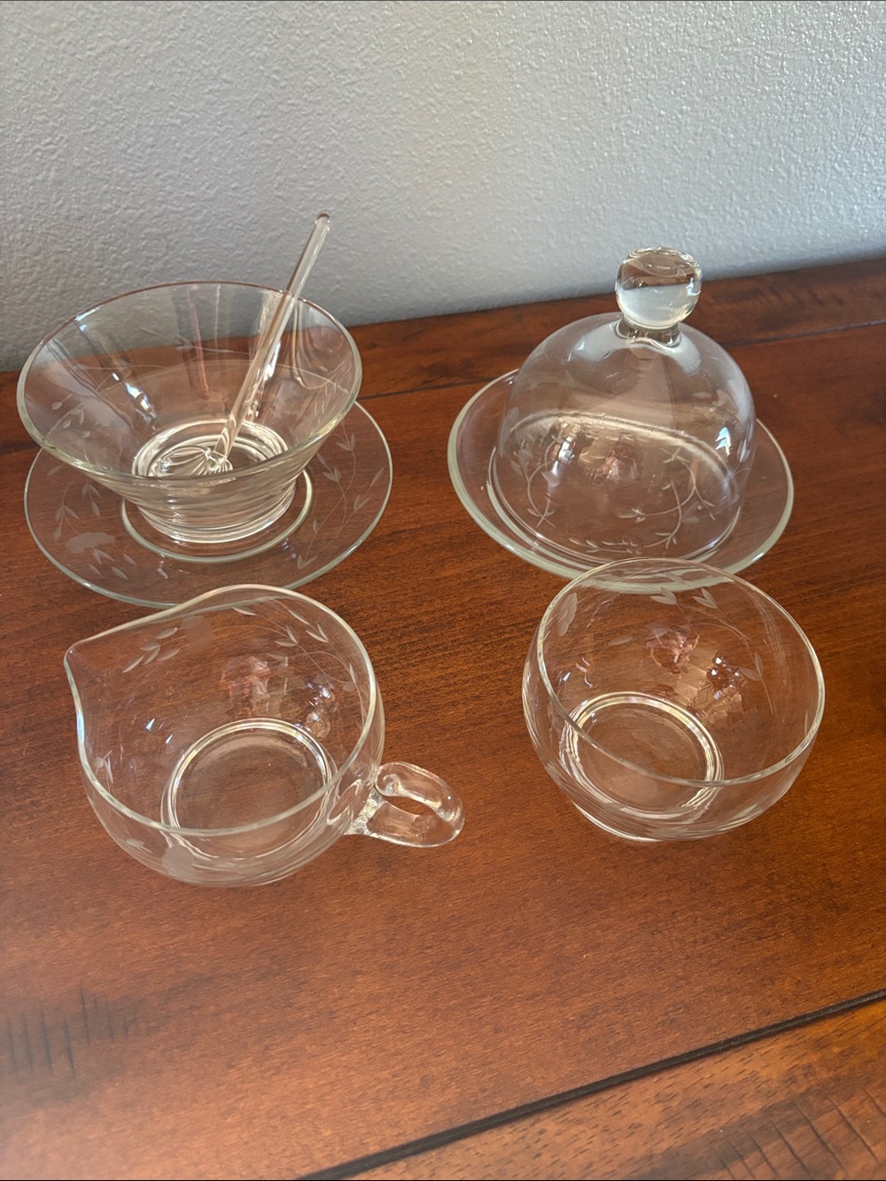 Princess House Etched Glass Sugar & Creamer Set, Covered Butter Dish & Saucer